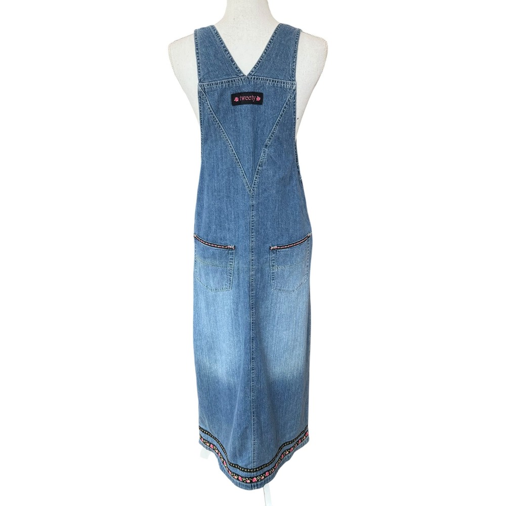Warner Bros Studio Tweety Bird Rose Embroidered Denim Overall Maxi Dress XS NWT - Picture 3 of 10